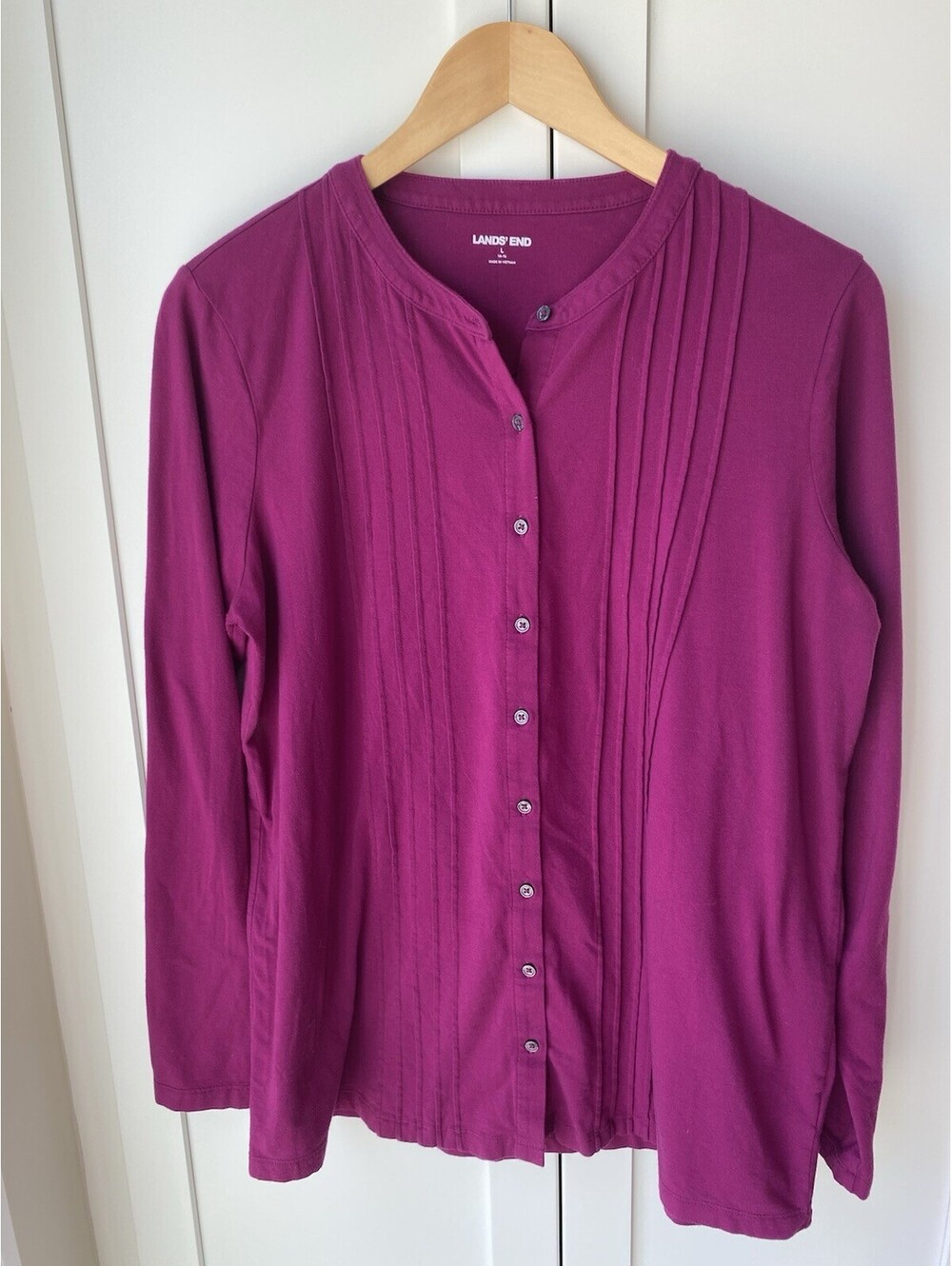 Lands End Sz L Button Front Long Sleeve Shirt Purple Band Collar Pleats
